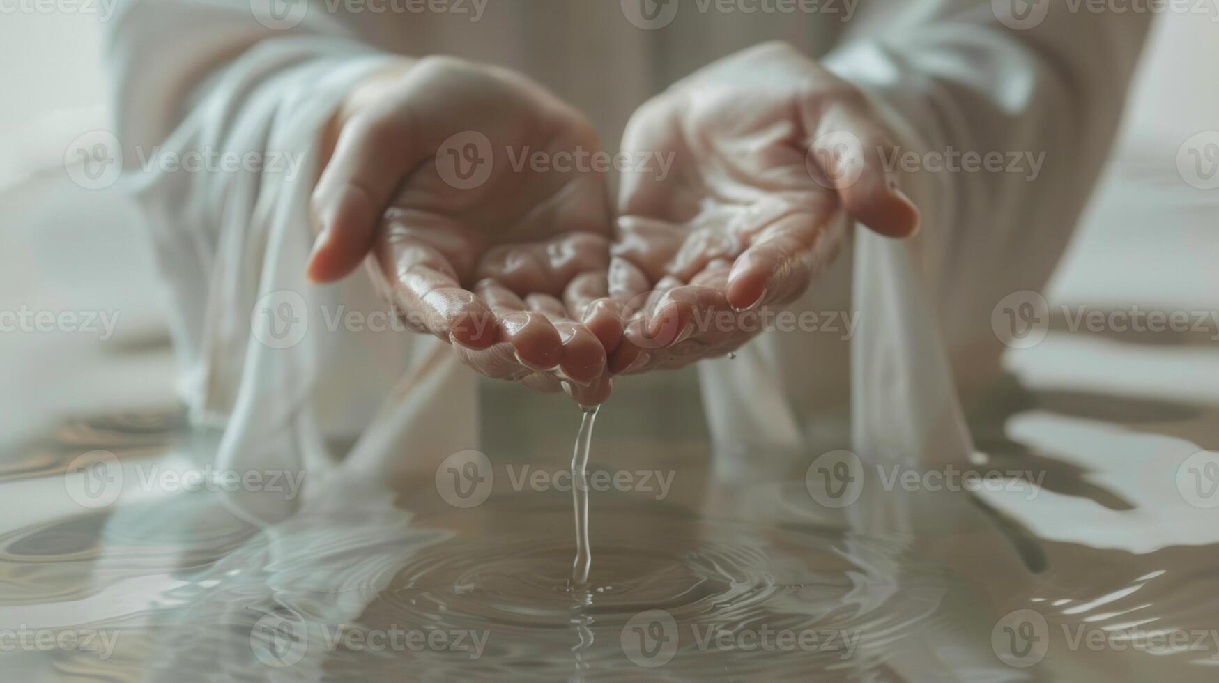 Jesus Christ, hands in water, in a white robe, christian concept, art photo