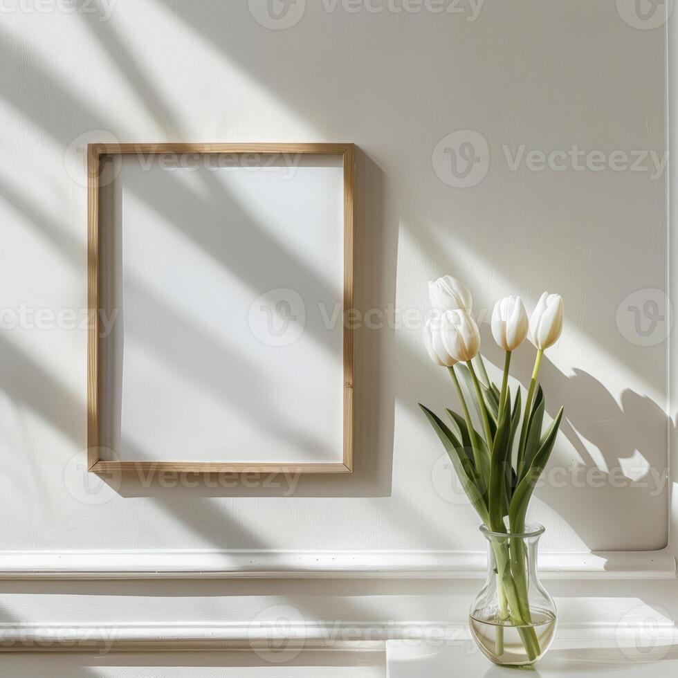 Boho poster mockup and flowers, boho background, beautiful poster mockup, vase with flowers, minimalistic photo