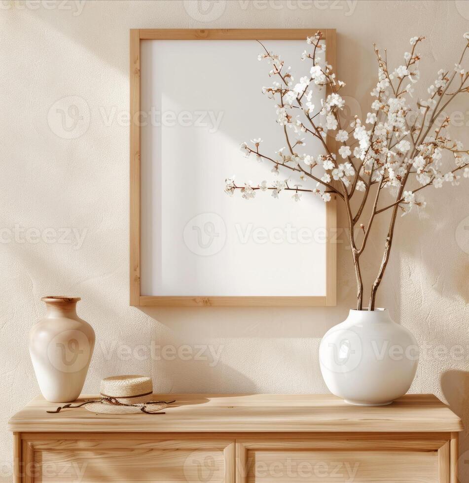 Boho poster mockup and flowers, boho background, beautiful poster mockup, vase with flowers, white photo