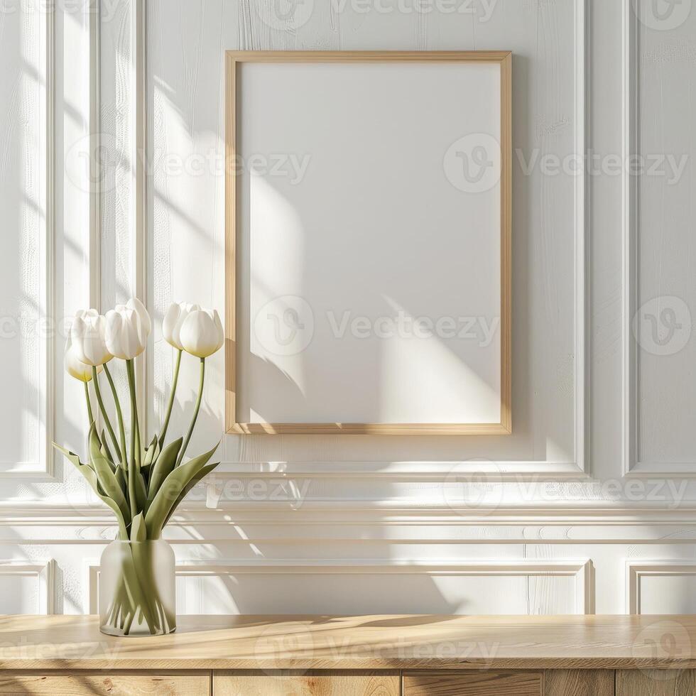 Boho poster mockup and flowers, boho background, beautiful poster mockup, vase with flowers, tulip photo