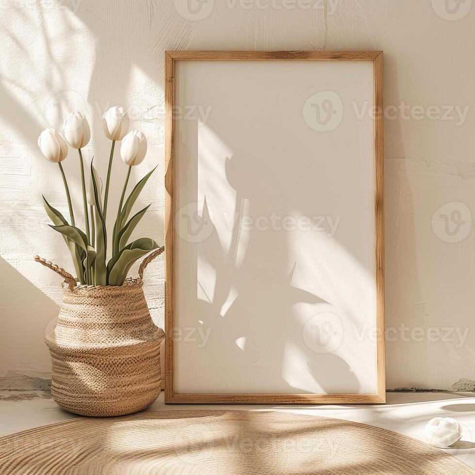 Boho poster mockup and flowers, boho background, beautiful poster mockup, vase with flowers, tulips photo