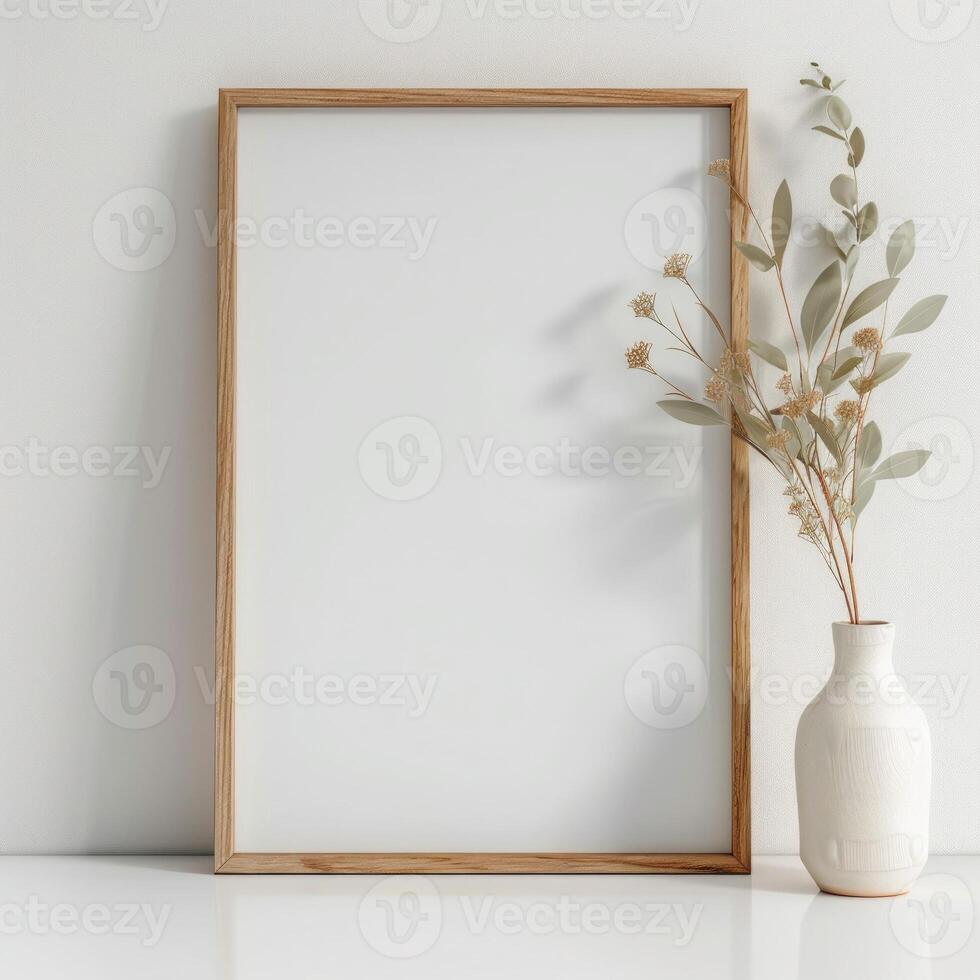 Boho poster mockup and flowers, boho background, beautiful poster mockup, vase with flowers, leaf photo
