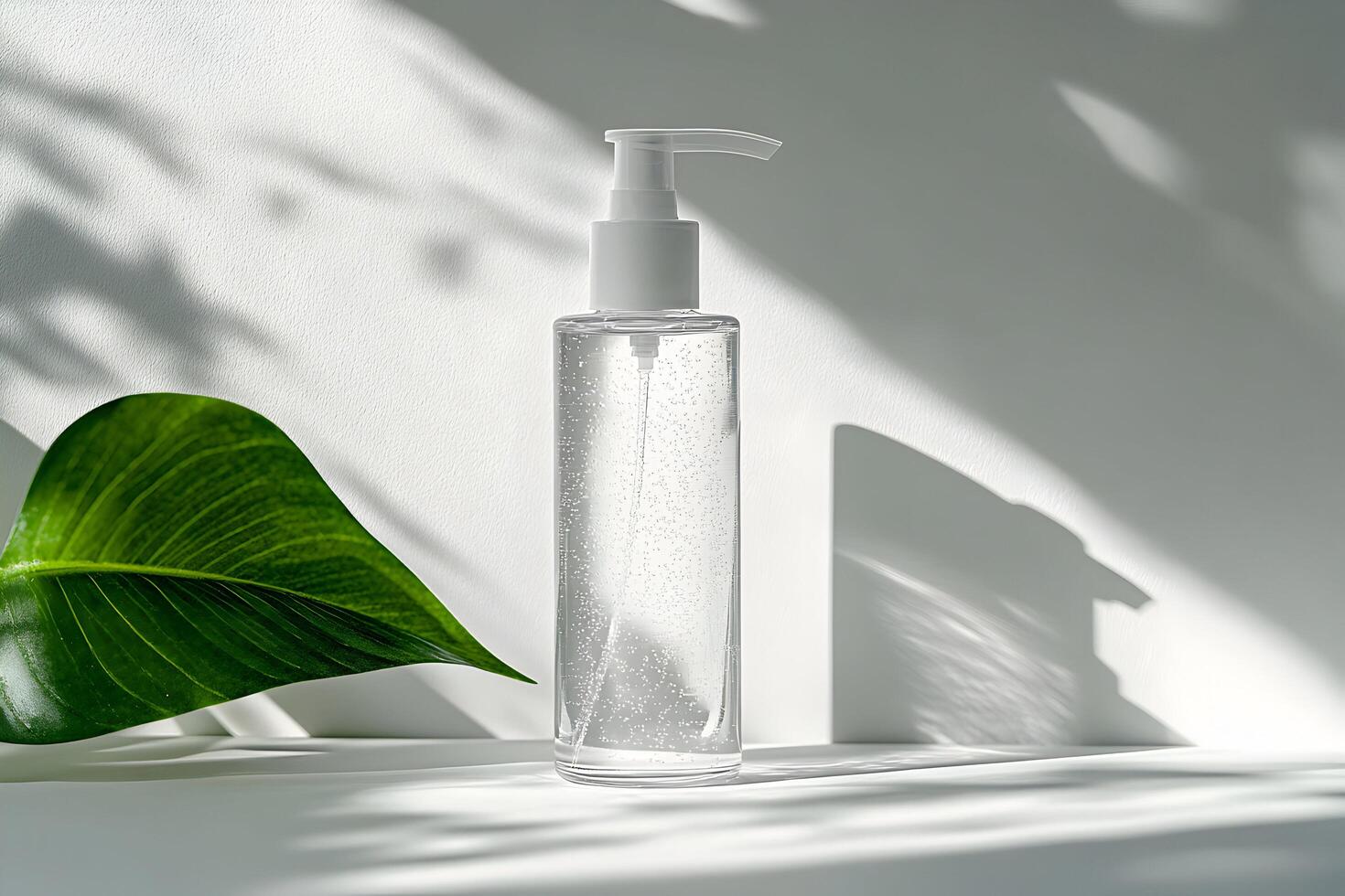 Clear bottle with gel and greenery. photo
