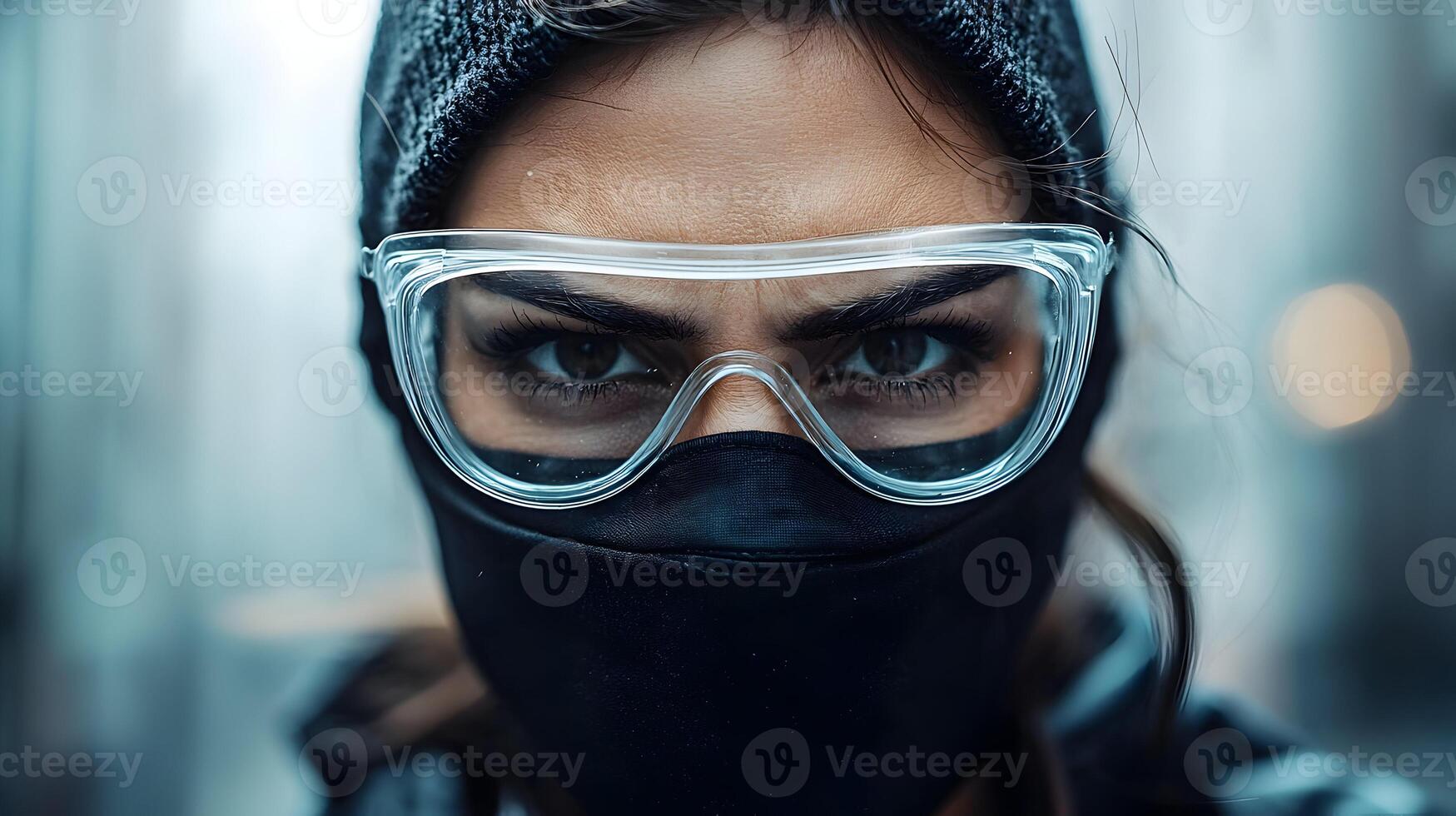 Masked individual with protective eyewear focuses intensely in an urban environment on a crisp day. photo