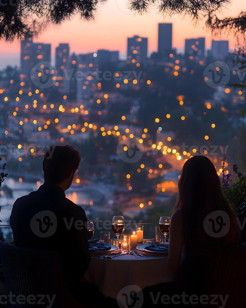 Dusk city view dinner. Generative photo