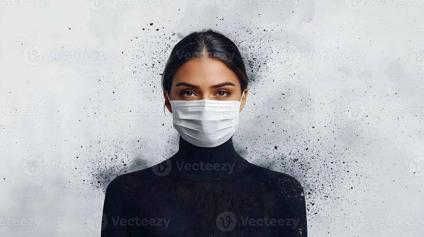 Woman wearing a face mask in a creative, abstract setting with dark splatter effects during a health-conscious era. photo