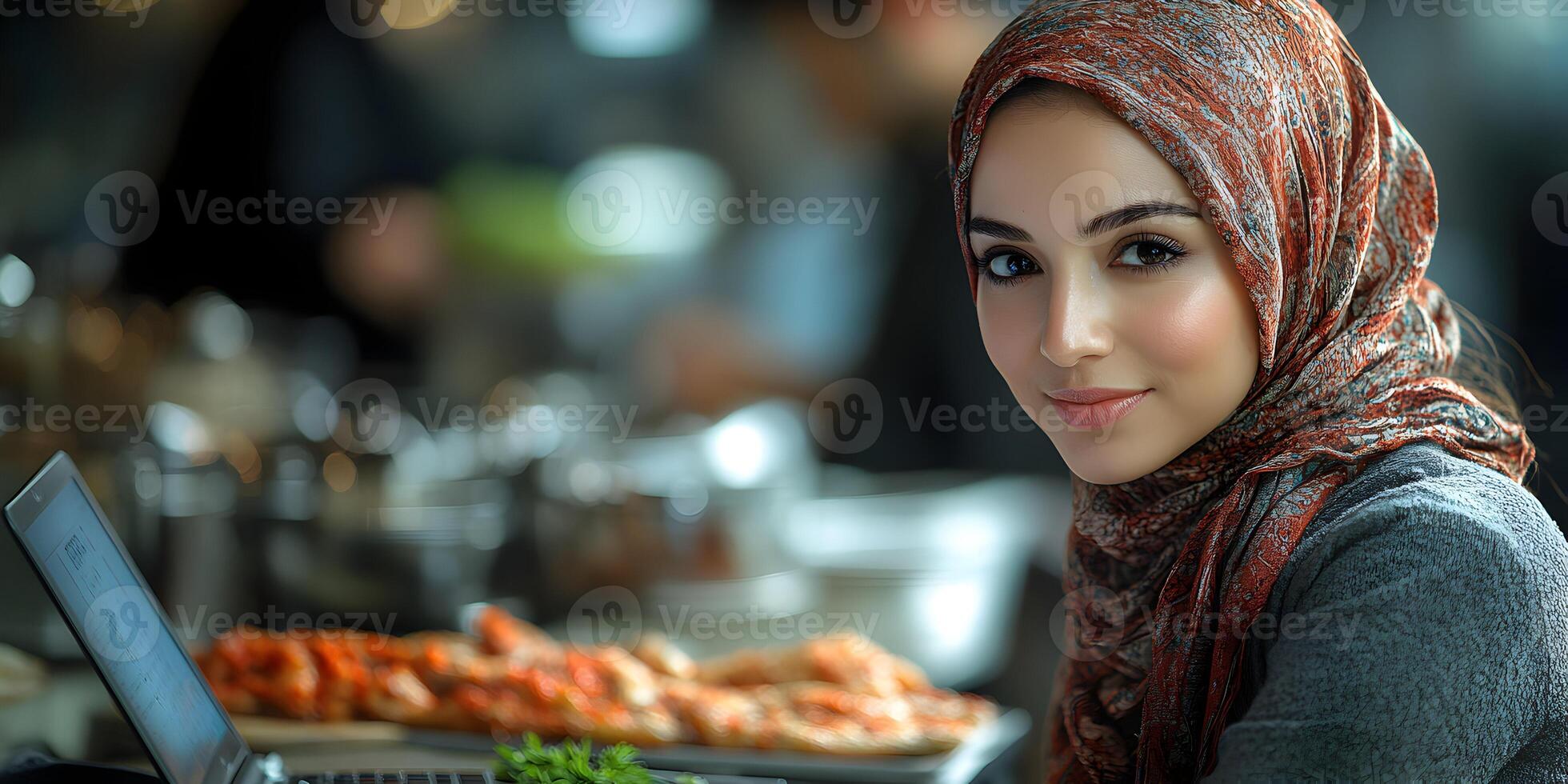 Young woman working in cafe setting. Generative photo