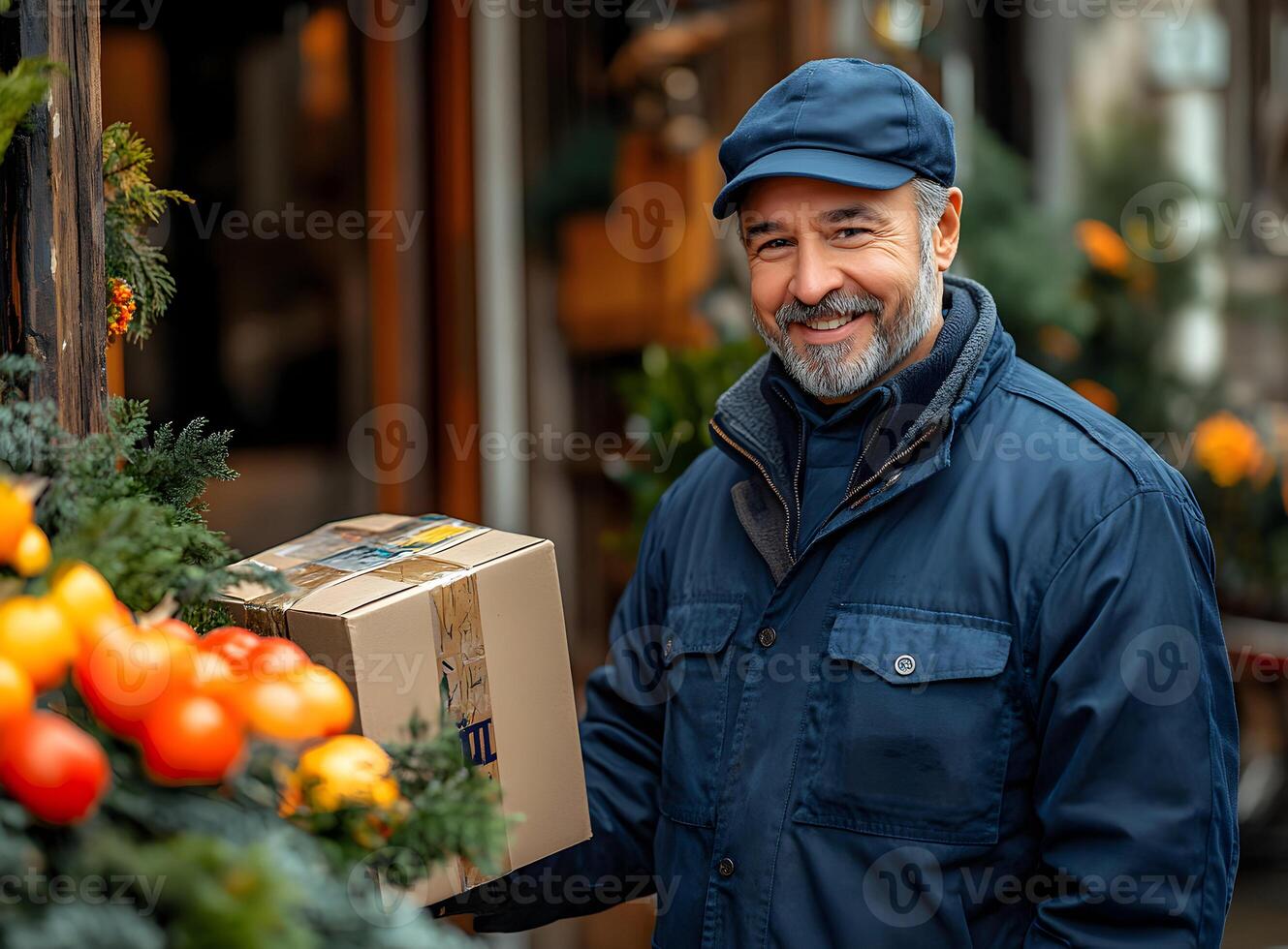 Smiling delivery man with package. Generative photo