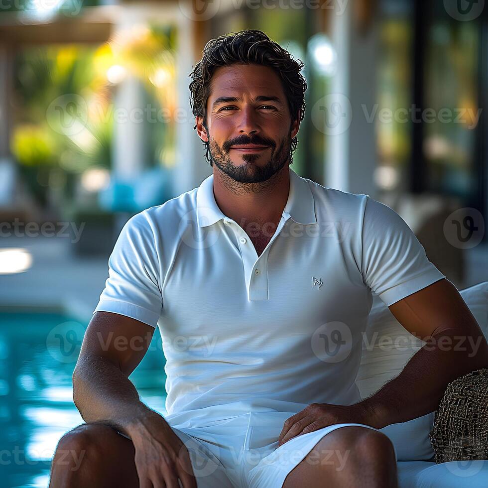 Man relaxing by the pool in summer. photo