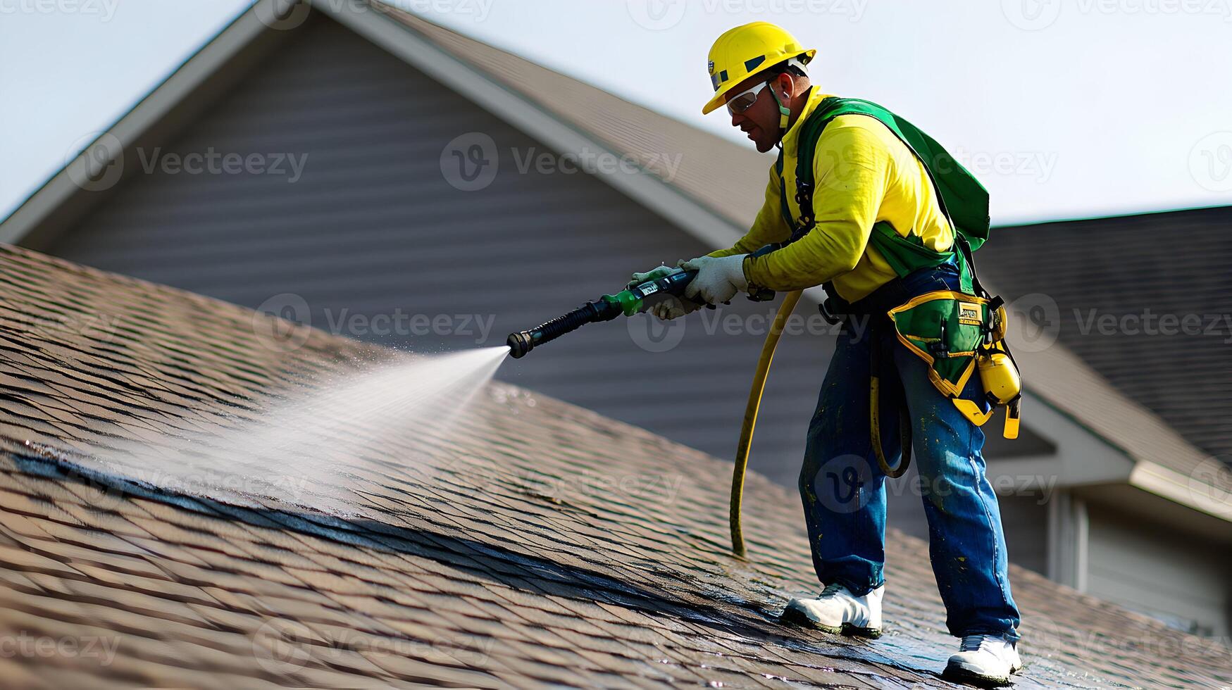 Worker cleaning rooftop in sunlight photo