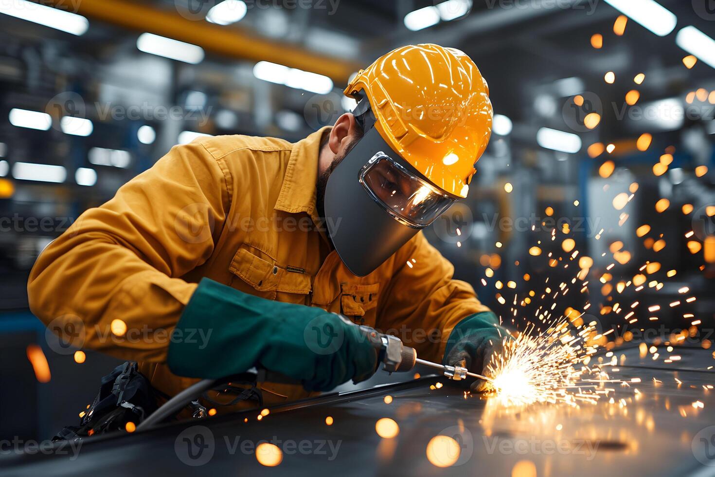 Craftsmanship in action as a worker engages in metal fabrication while wearing safety gear in a well-lit workshop during daytime hours. photo