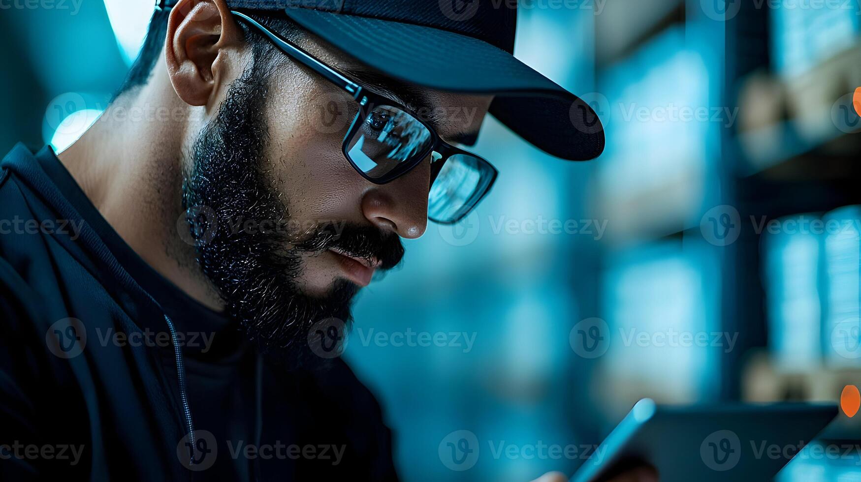 Man using smartphone in a dimly lit warehouse during evening hours. photo