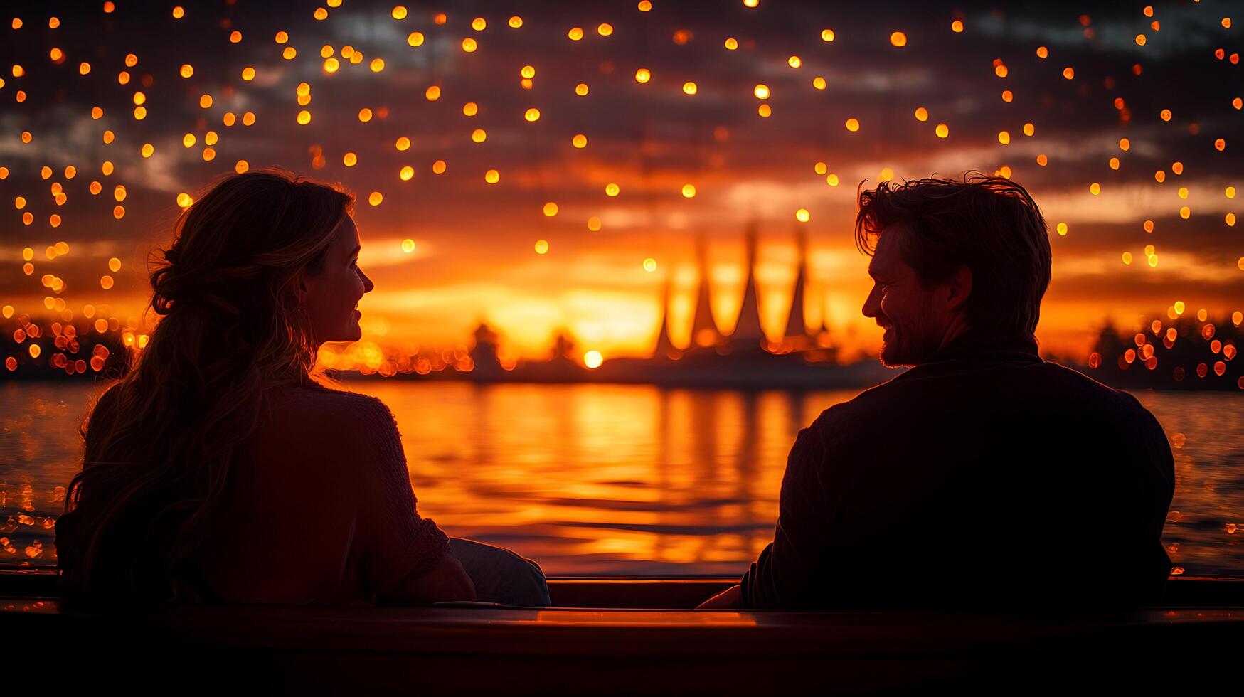 Couple enjoys sunset by water. Generative photo