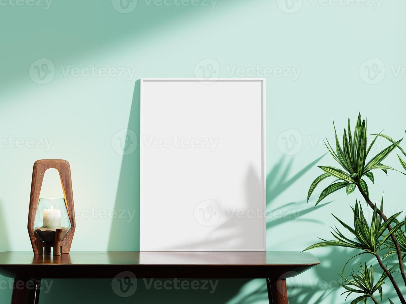 stylish white frame mockup on a mint green backdrop, accompanied by a wooden candle holder and vibrant greenery, ideal for artistic presentations. photo
