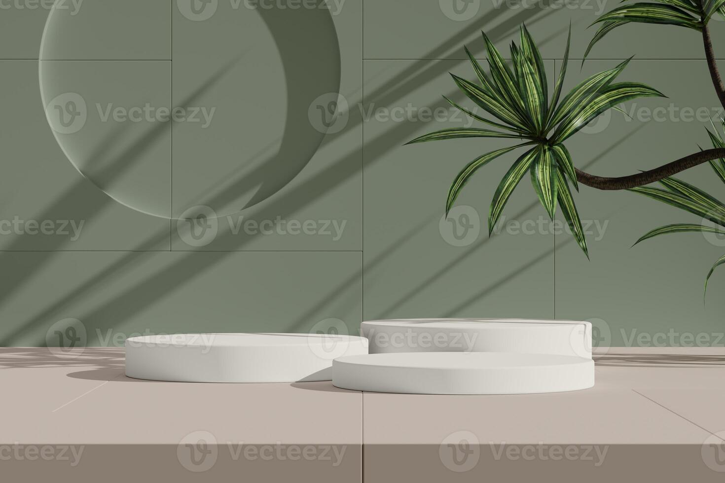 Podium with a soft circular background and green foliage shadows. photo