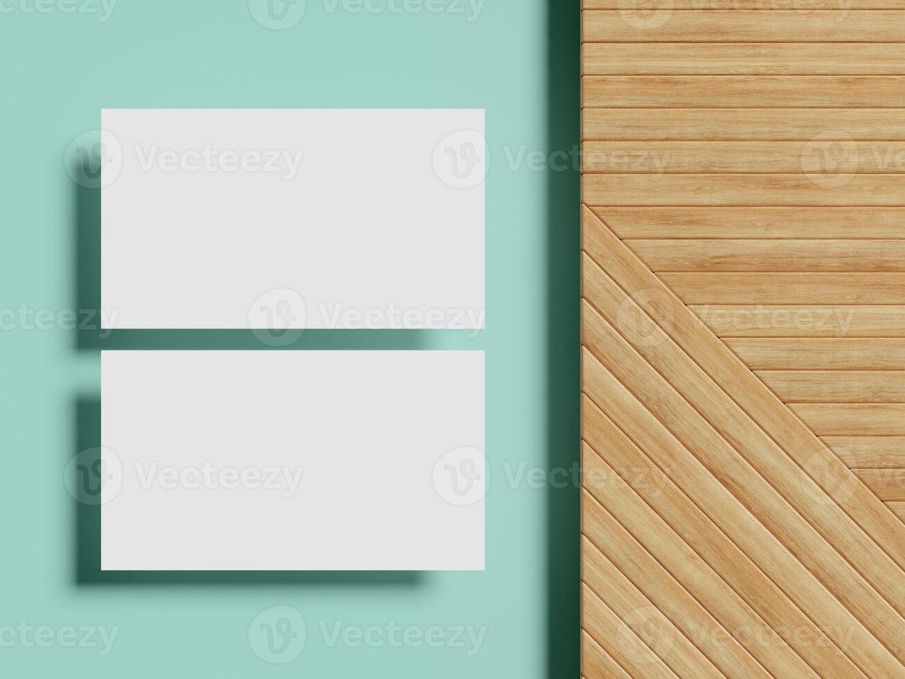 A top-down view of a clean business card mockup on a wooden surface, casting sharp shadows, with a pastel blue backdrop enhancing the minimalist vibe. photo