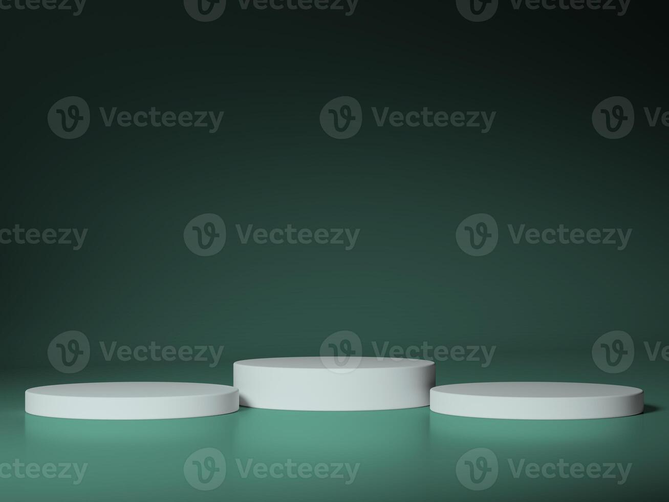 A modern and minimalistic presentation with multiple white podiums set against a dark green backdrop, creating an artistic atmosphere. photo