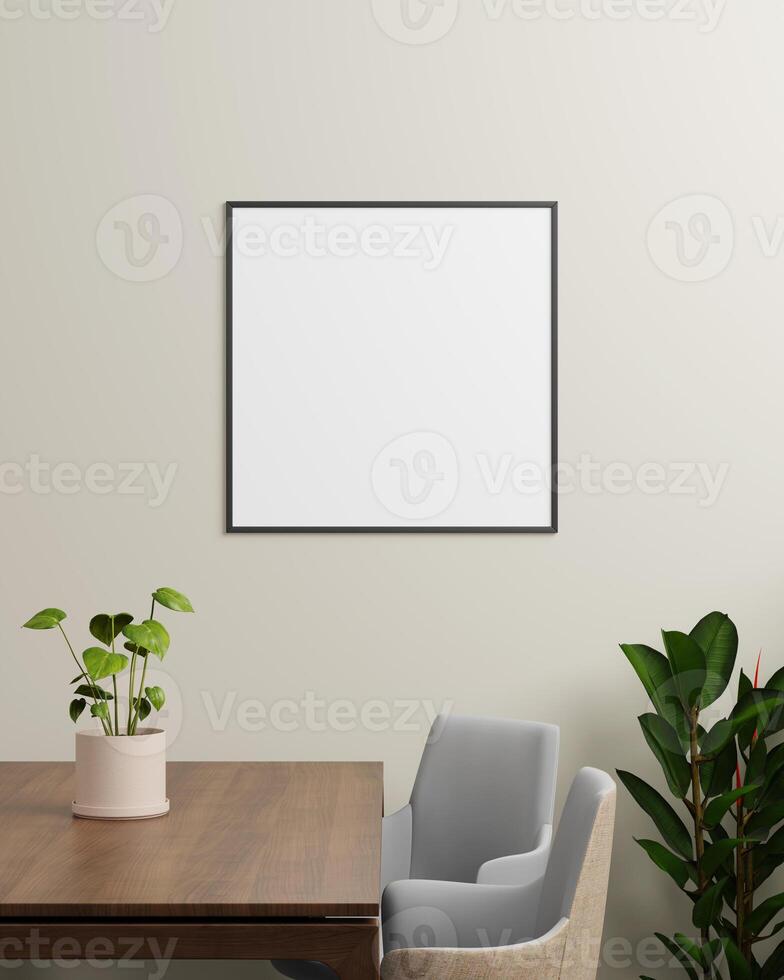 A black square photo frame on a light wall, with plants and a wooden table, ideal for showcasing smaller artwork or photographs in a modern setting.