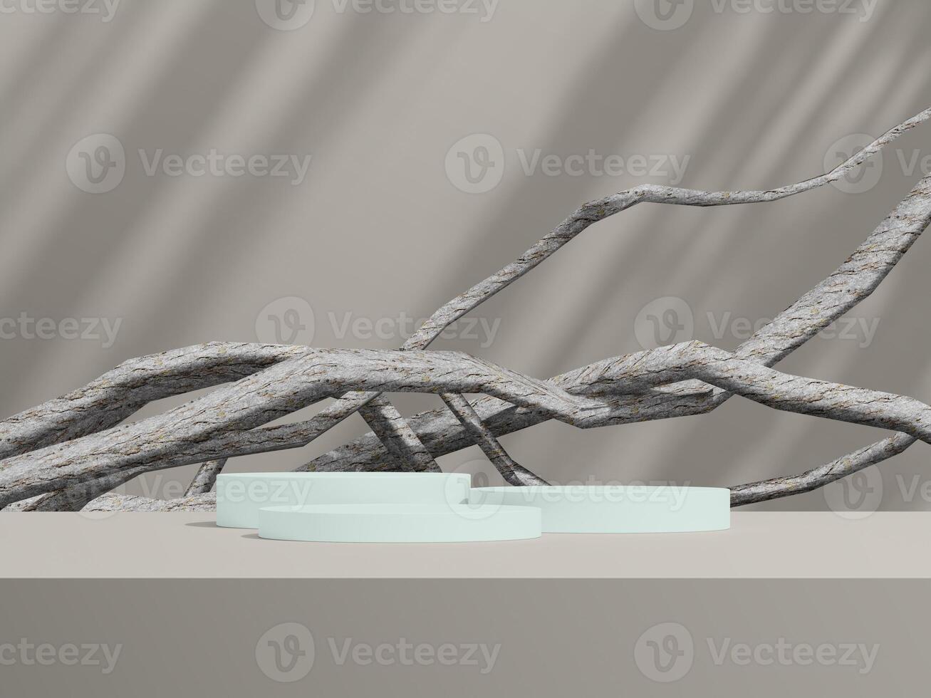A minimalist arrangement of light blue circular podiums with a background of tangled branches, providing a sleek, artistic setting for product displays. photo