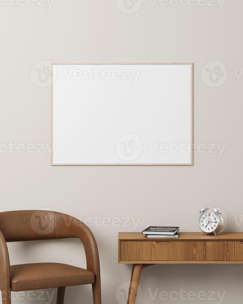 Wooden horizontal frame on a neutral wall with a clean desk, brown chair, and a clock, perfect for cozy workspaces. photo