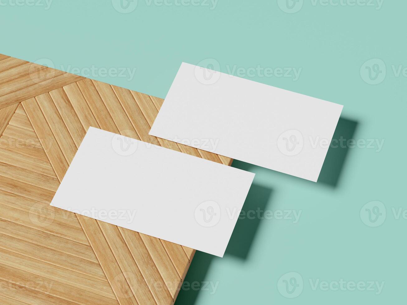 A clean and minimalist business card mockup on a wooden surface, set against a pastel blue background with a shadow cast for a professional look. photo