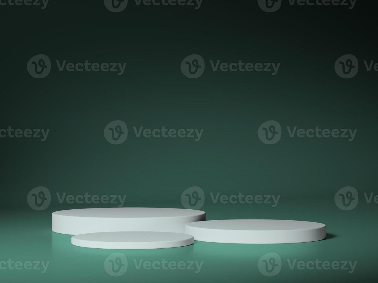 Four white circular podiums arranged creatively in front of a dark green background, ideal for exhibits or presentations. photo