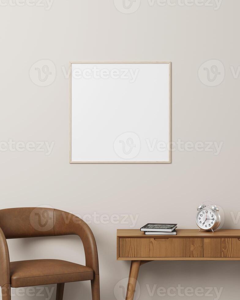 Cozy wooden square photo frame on a beige wall with a modern desk, clock, and books, ideal for home office or study setups.