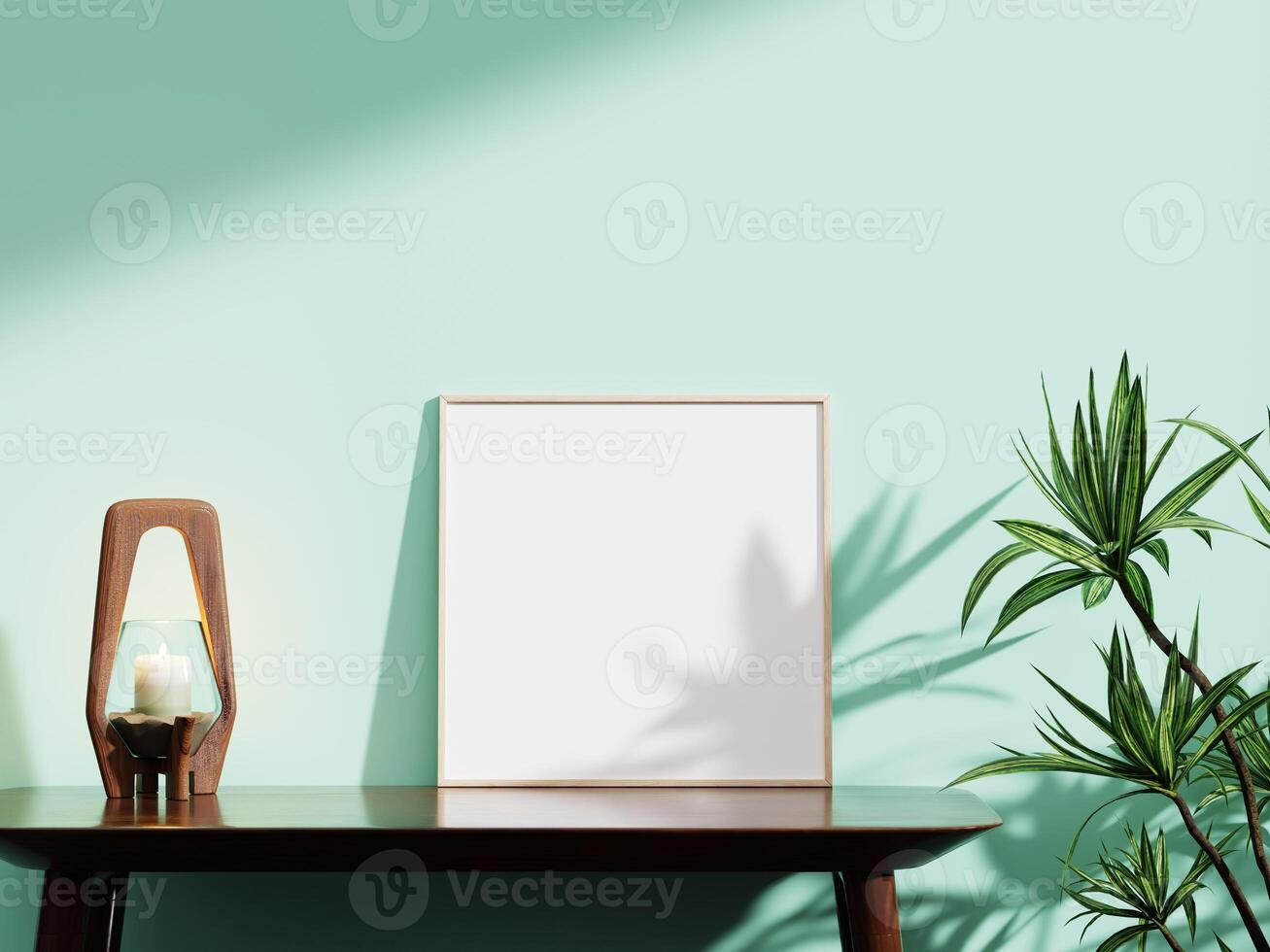 minimalist white frame mockup set against a mint green wall, featuring a wooden candle holder and a leafy plant, ideal for elegant displays. photo