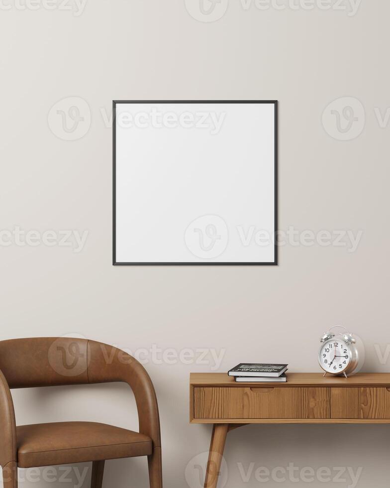 A sleek black square photo frame placed above a desk with a brown chair, books, and clock, great for showcasing creative designs.