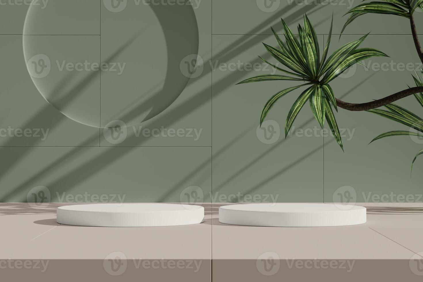 Podium with multiple layers, soft lighting, and green plants. photo