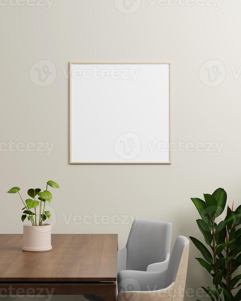 A light wooden square frame placed on a wall with a table, plants, and modern chairs, offering a cozy and organic setting for artwork or photos. photo