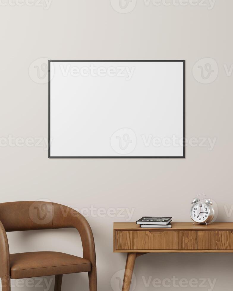 Horizontal black photo frame on a wall with a stylish desk setup featuring a brown chair, books, and a classic clock.