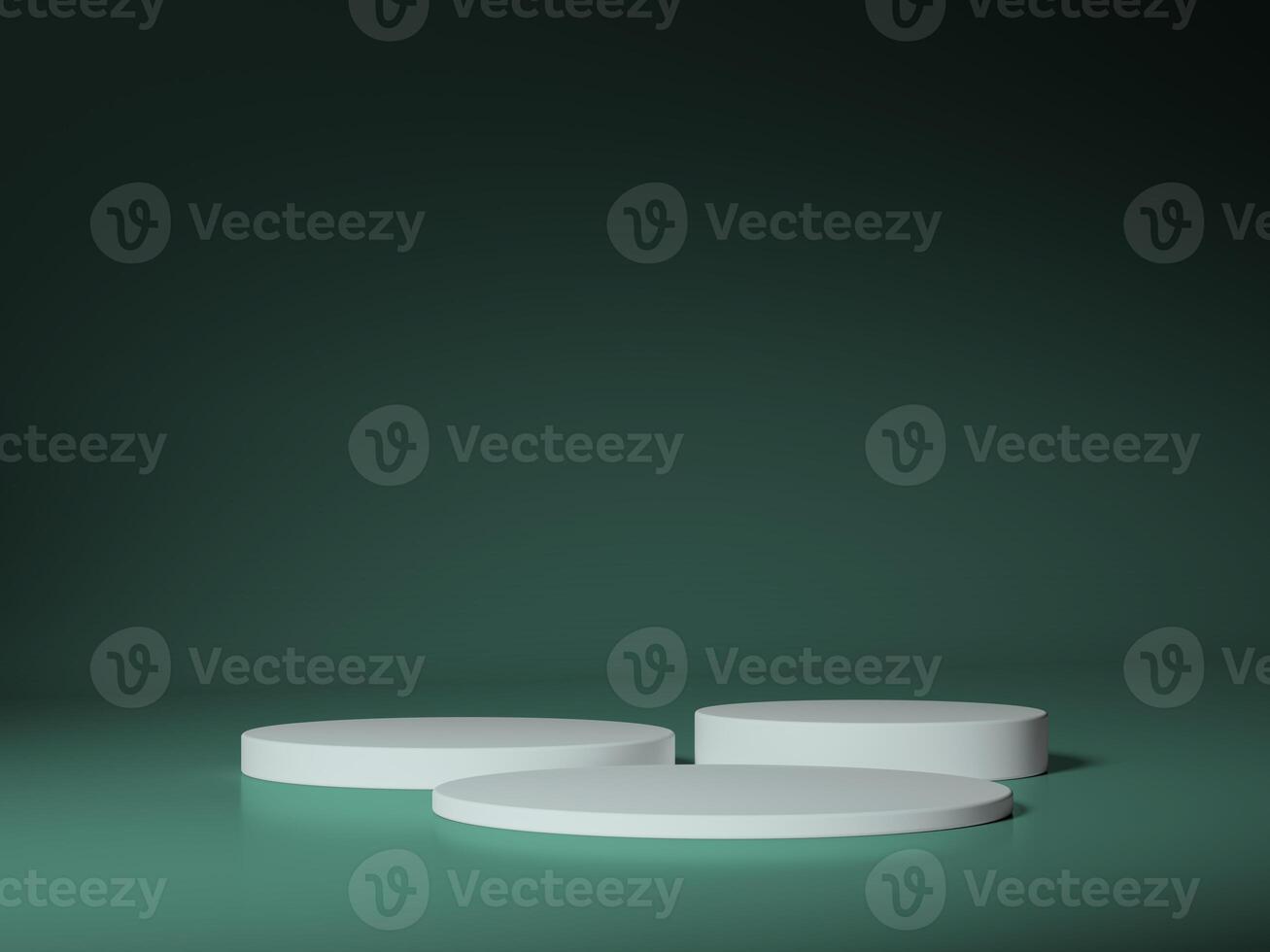 Two white circular podiums placed on a dark green background, creating a contemporary and minimalist presentation style. photo