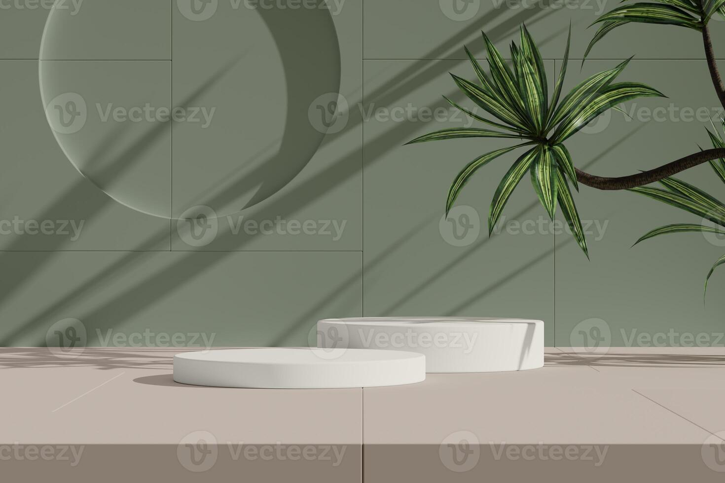 Minimalist podium design with abstract shadows and plant elements. photo