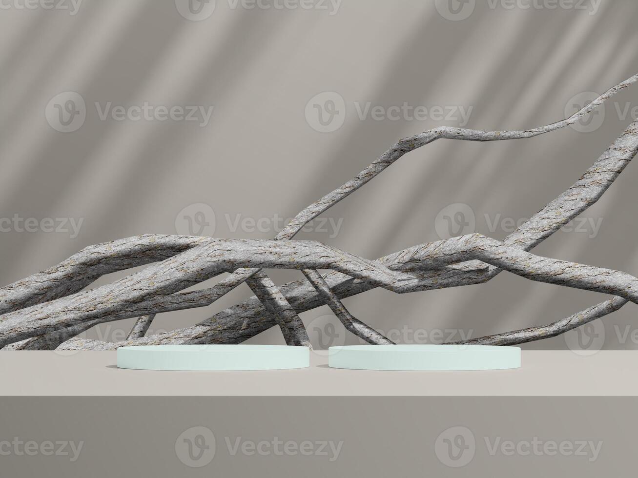 Two light blue circular podiums arranged in a clean and minimalist setting, with artistic twisted branches in the background. photo
