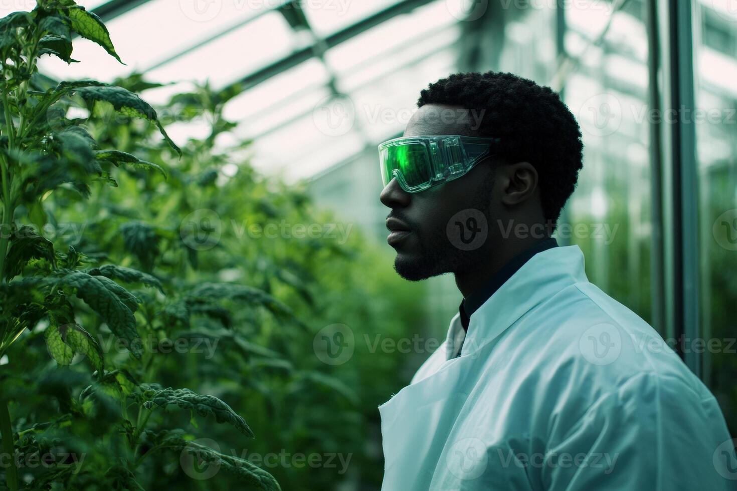 A man in a lab coat standing in a greenhouse photo