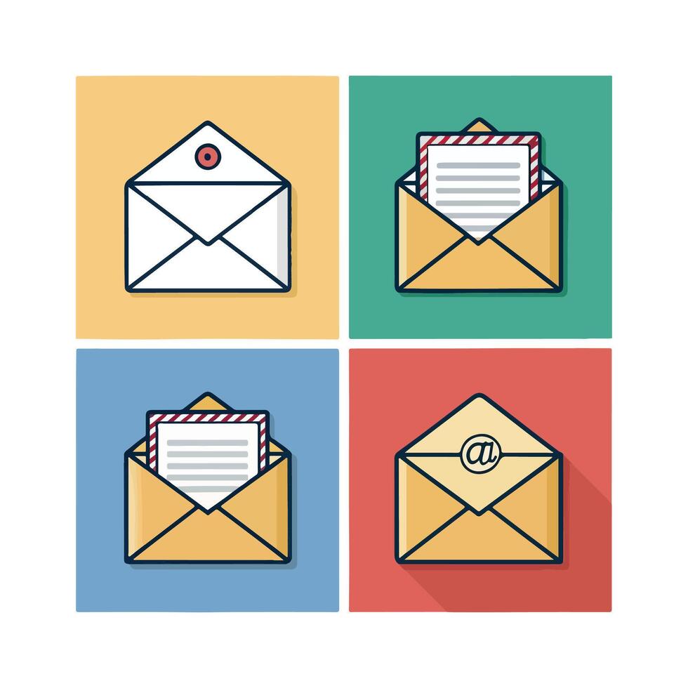 Four different colored envelope icons with envelope and envelope vector