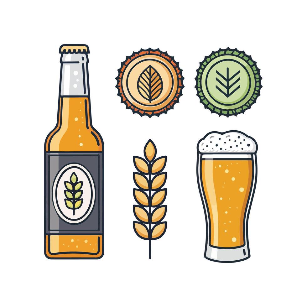 Beer bottle, glass and wheat ear icon set vector
