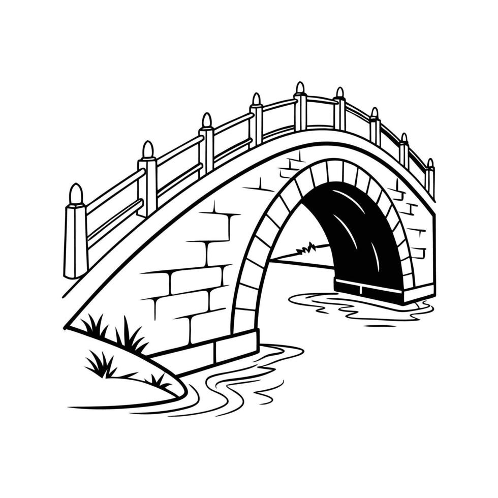 A black and white drawing of a bridge over a river vector