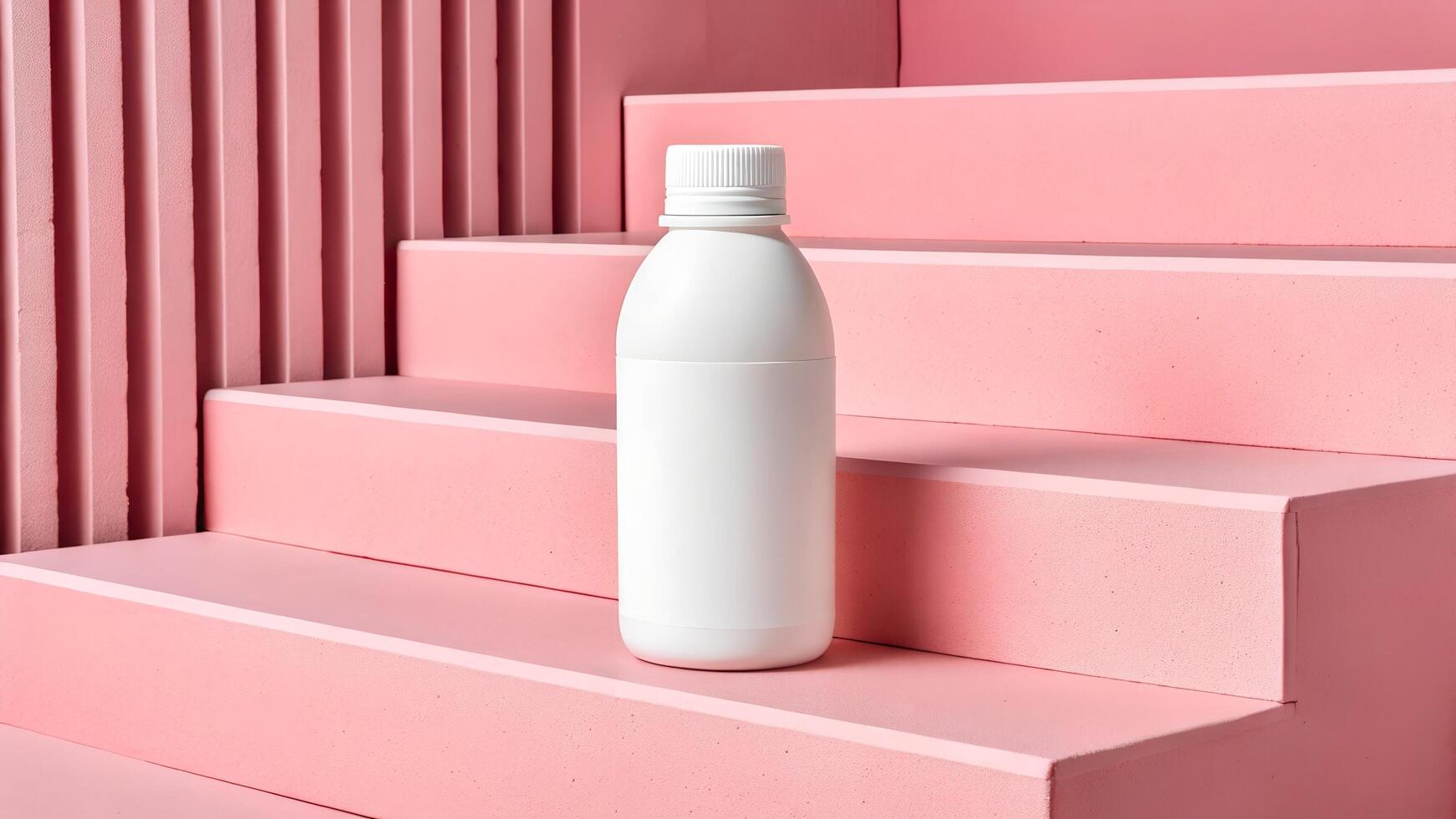 Empty White Bottle on Pink Steps. Cosmetic Product Mockup photo