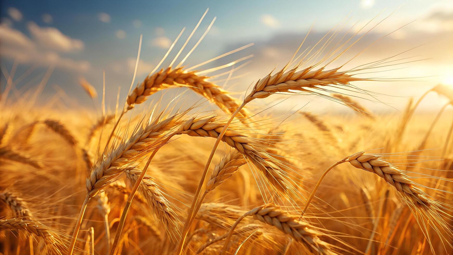 Close-up view of ripe wheat stalks in a field bathed in golden sunlight at sunrise. photo