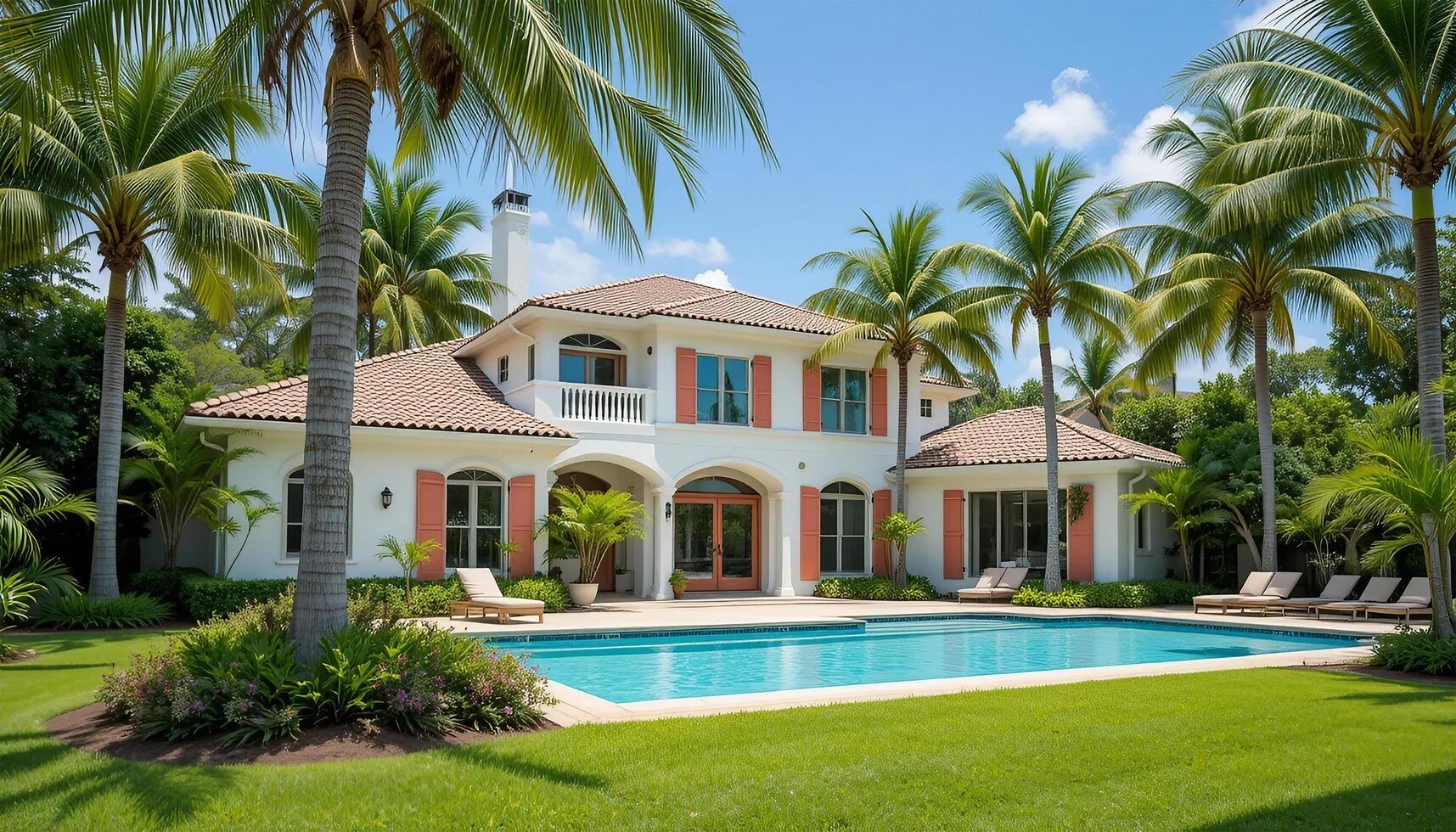 white Mediterranean-style home, nestled amongst lush tropical foliage and palm trees, boasts a pristine swimming pool. photo