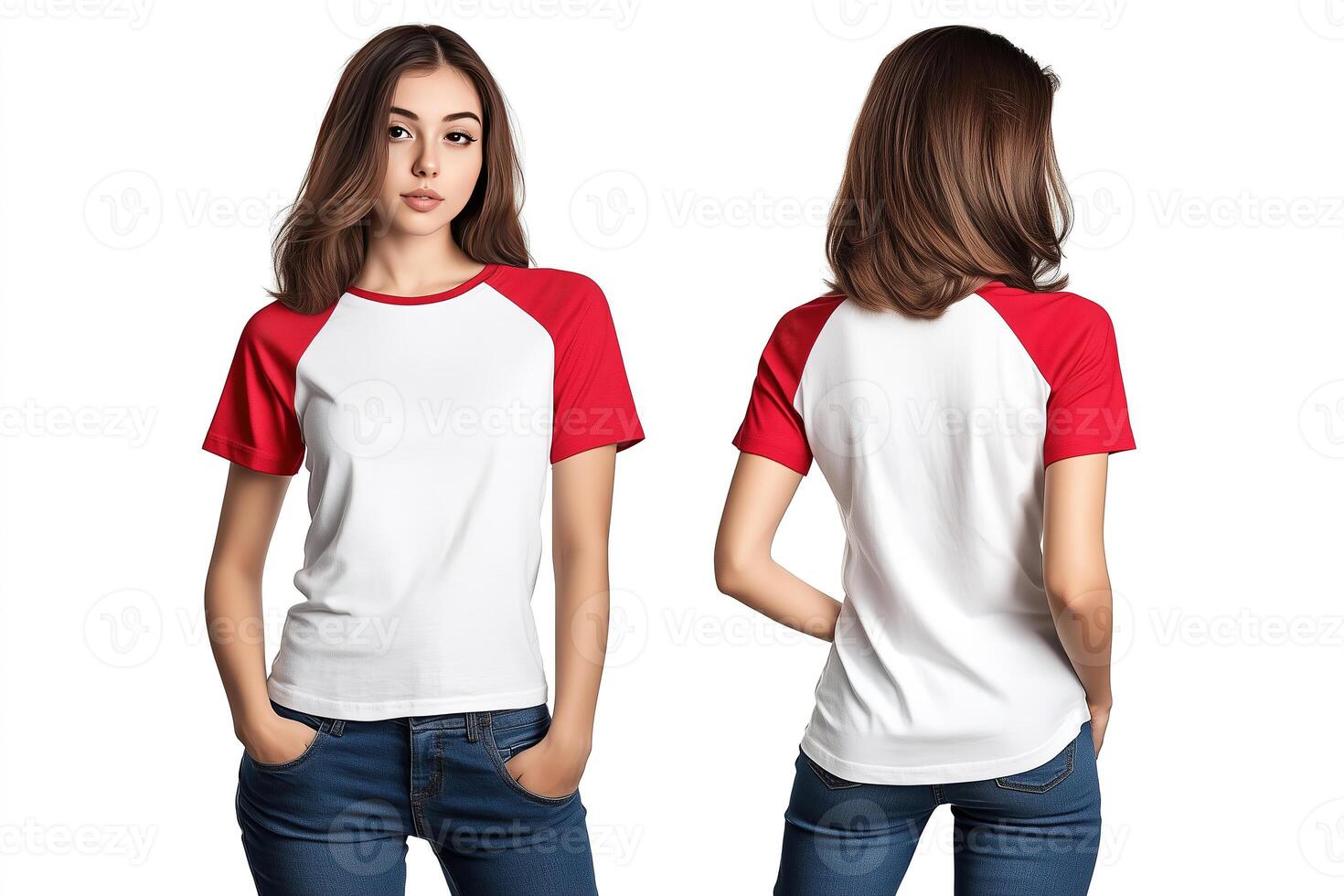 Female Model Showcasing a White and Red Short-Sleeve T-Shirt photo