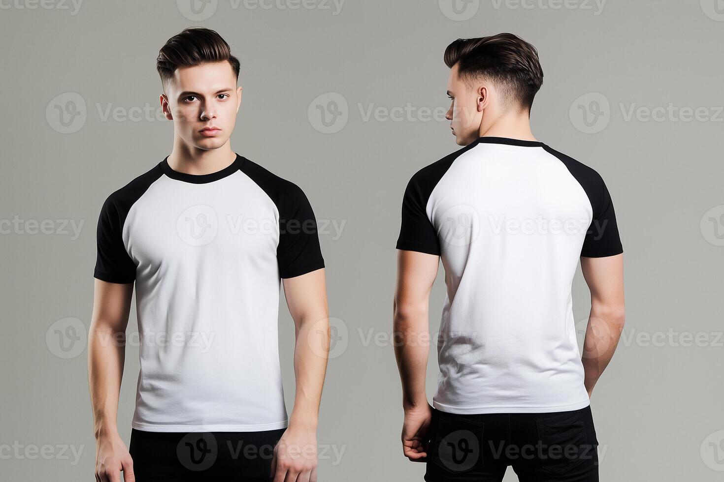 Studio Portrait Of Man Wearing White And Black Raglan Tee photo