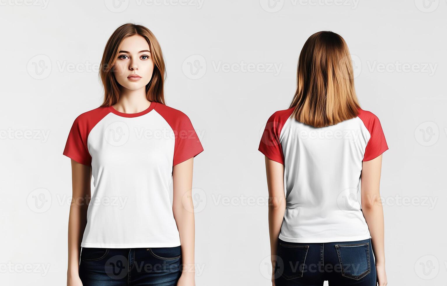 Classic Red-Sleeved White Raglan Tee Worn by a Woman photo