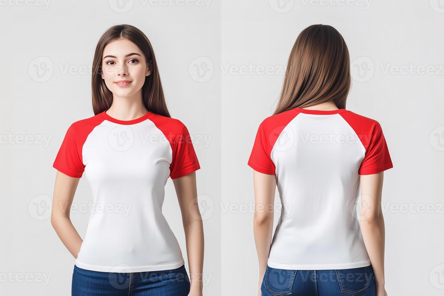 Trendy Female Outfit Featuring a White T-Shirt with Red Sleeves photo