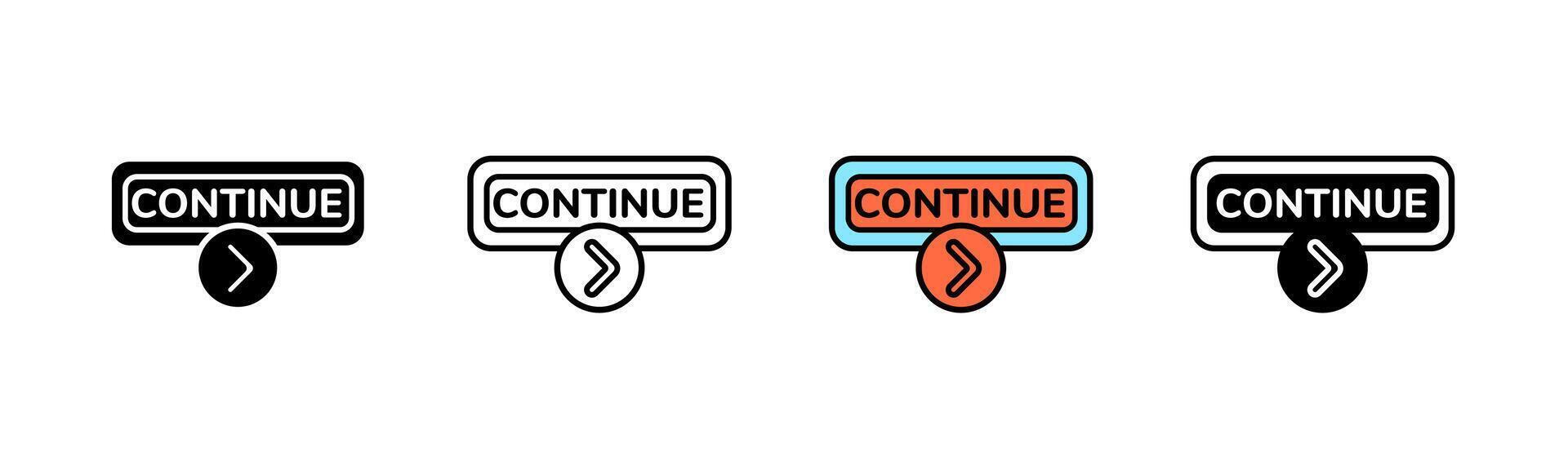 Various continue button designs with arrows in different styles and colors displayed in a row vector