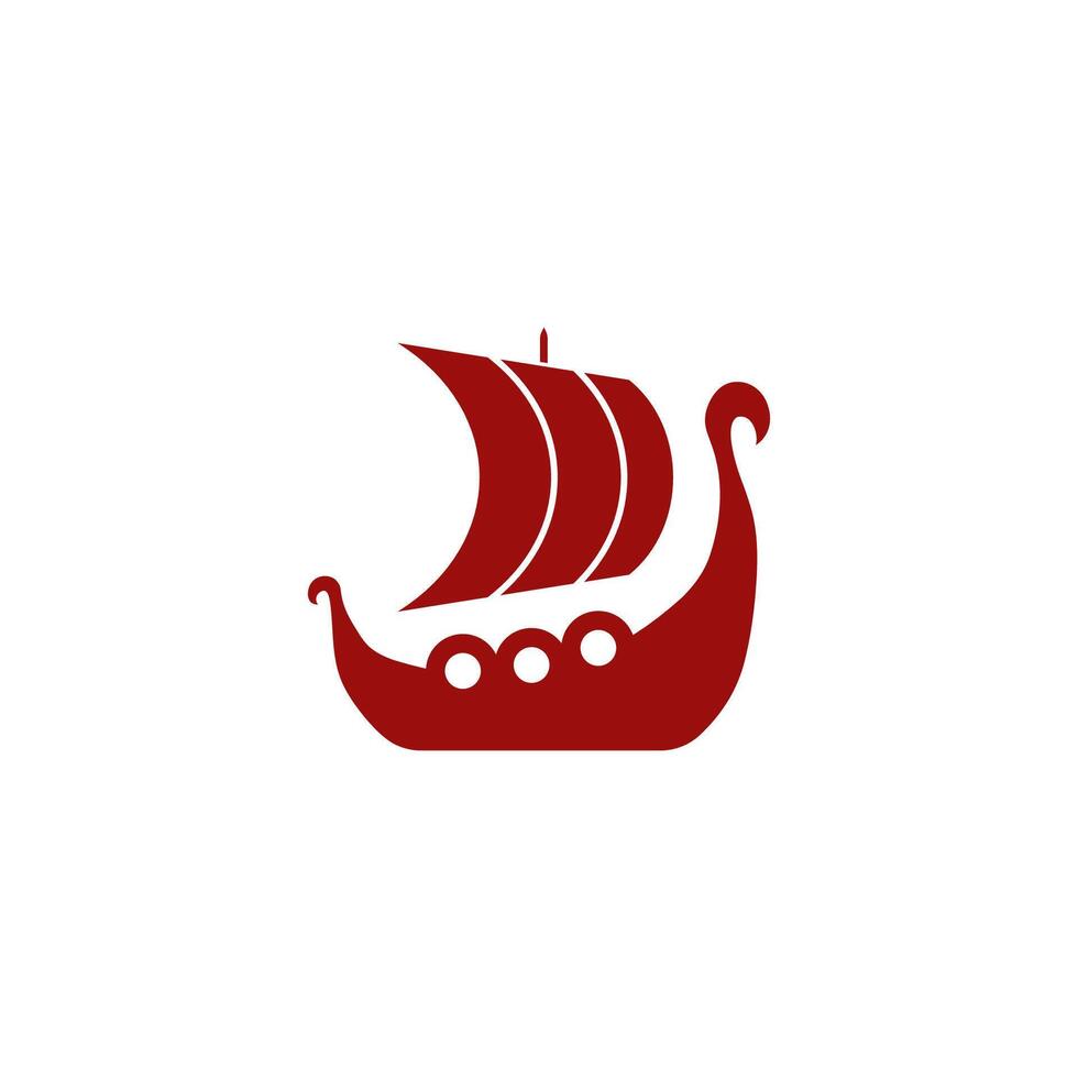 Red Viking ship icon with sails and shields for Nordic themes. vector