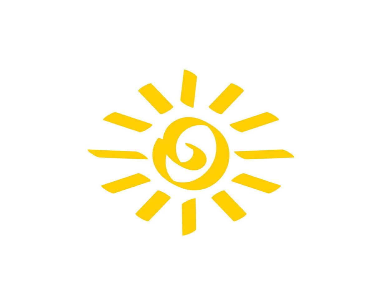Bright yellow sun symbol with simplified design and rays in all directions vector