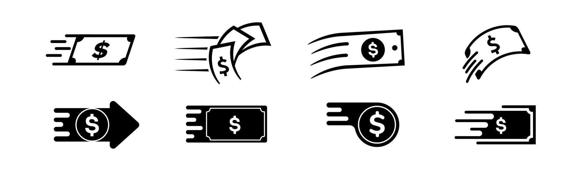 Black money icon with arrow and dollar, representing fast transactions and wealth. vector